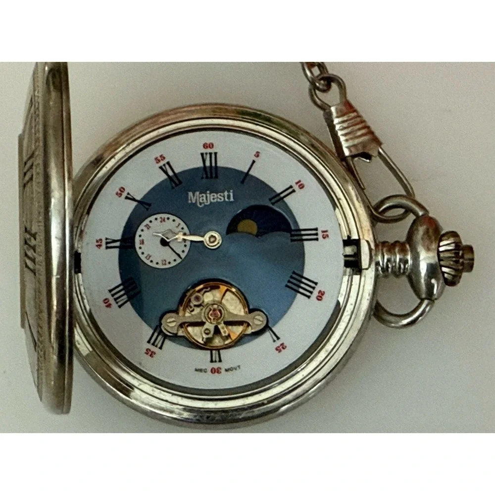 2002 Majesti Pocket‎ Watch with Inscription In Back As is Chain Silver Tone Blue
